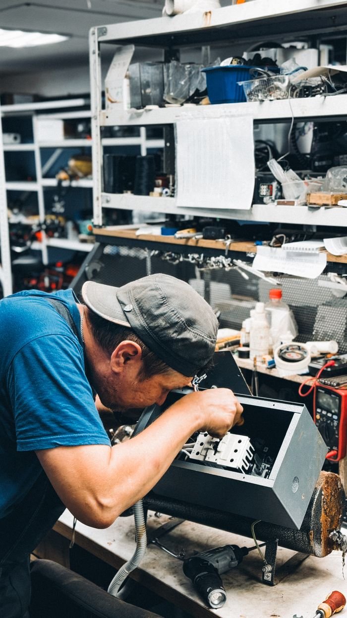 services-01 Skilled technician at work repairing electronics in a cluttered workshop setting.